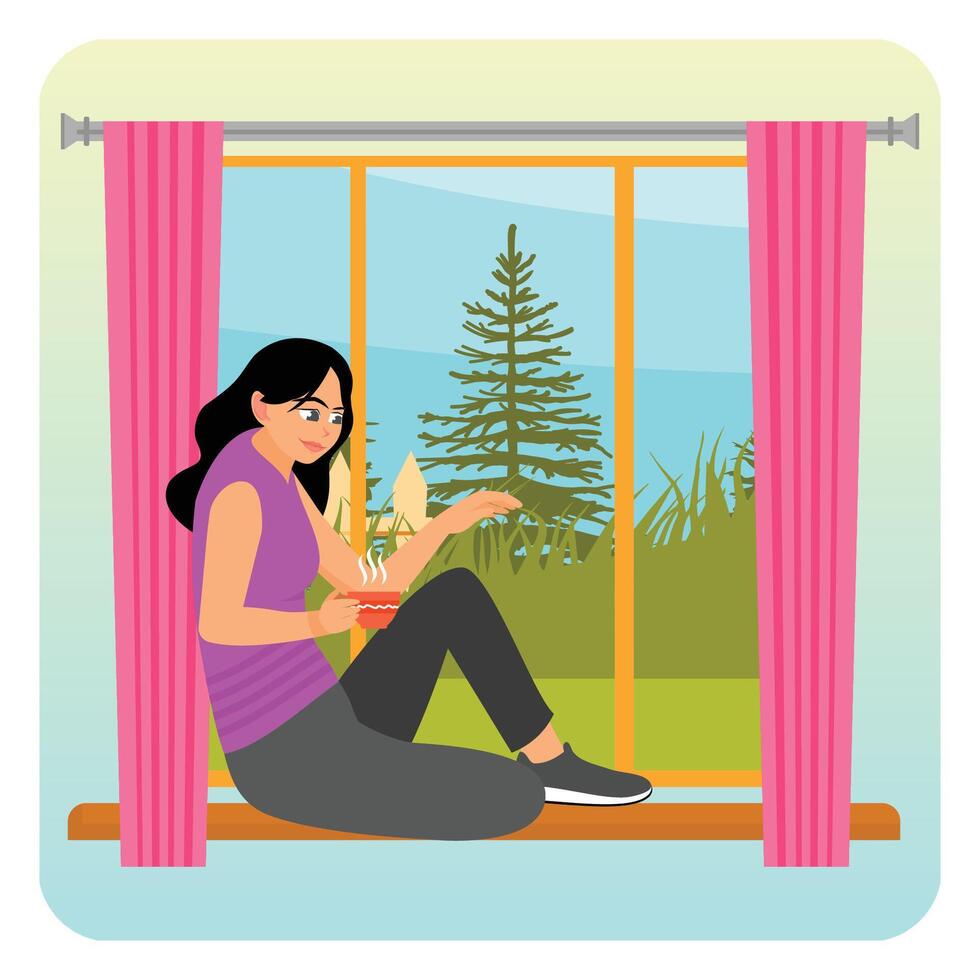 Young Thoughtful Woman Sitting and Relaxing by a Window, Enjoying Drinking Tea or Coffee. vector