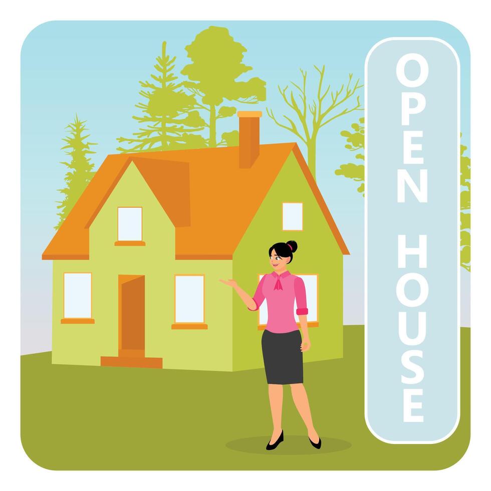 Open House. Professional Realtor Showing a Designed House During an Open House Event. vector