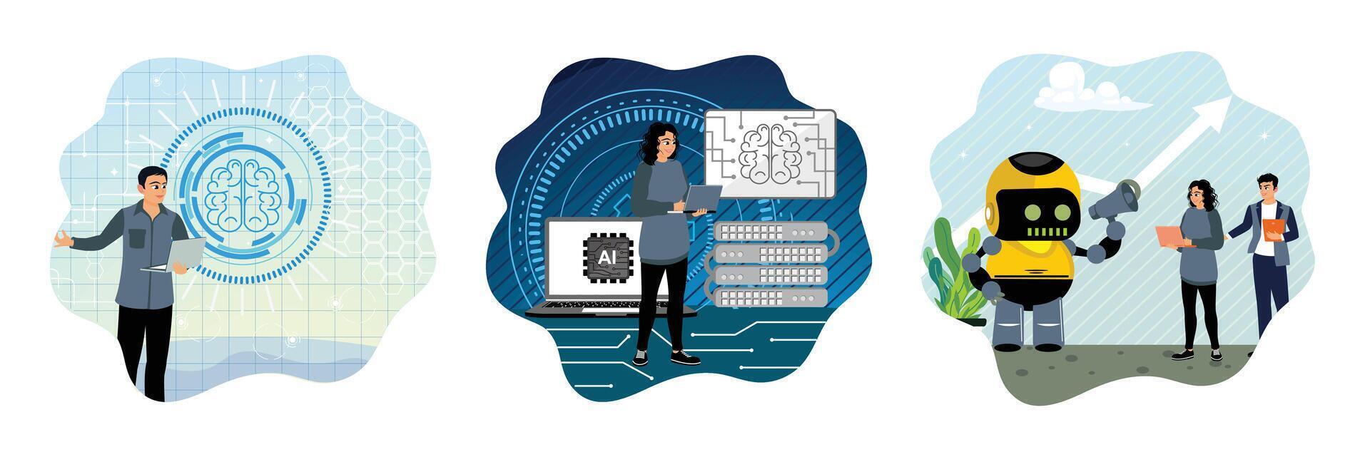 Engineers analyze brain technology, work on AI technology projects, help improve work productivity. vector