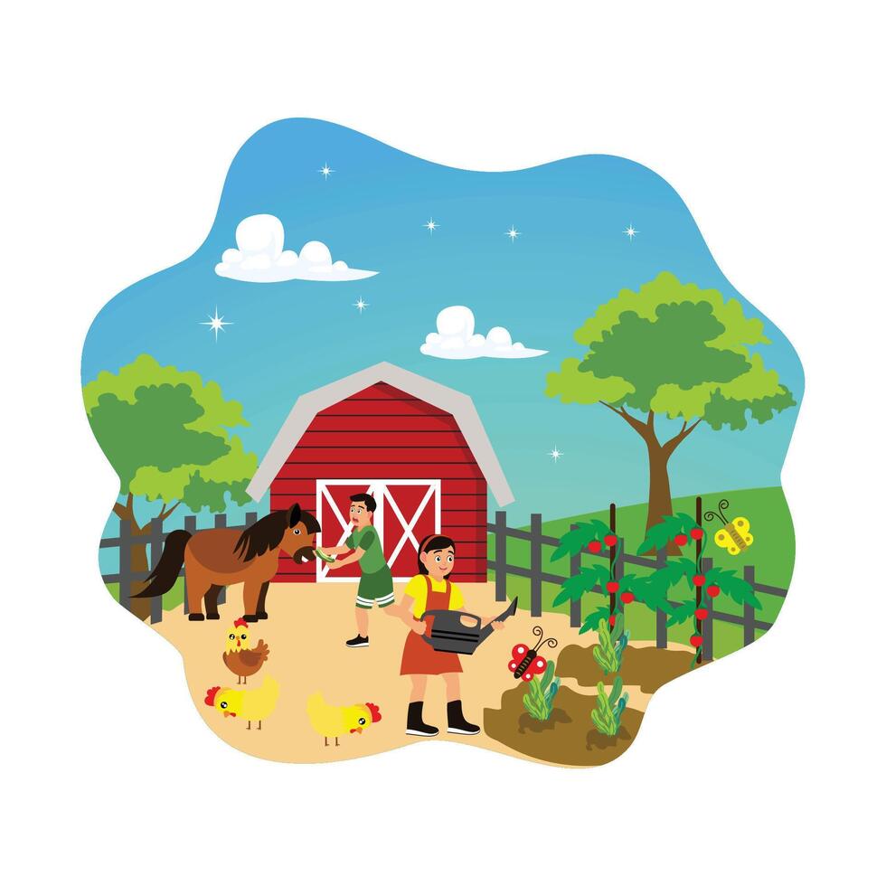 Little girl watering plants and boy feeding pets. vector