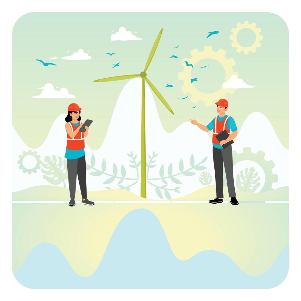 Engineers Collaborating Near Wind Turbine in Renewable Energy Development Scene. vector