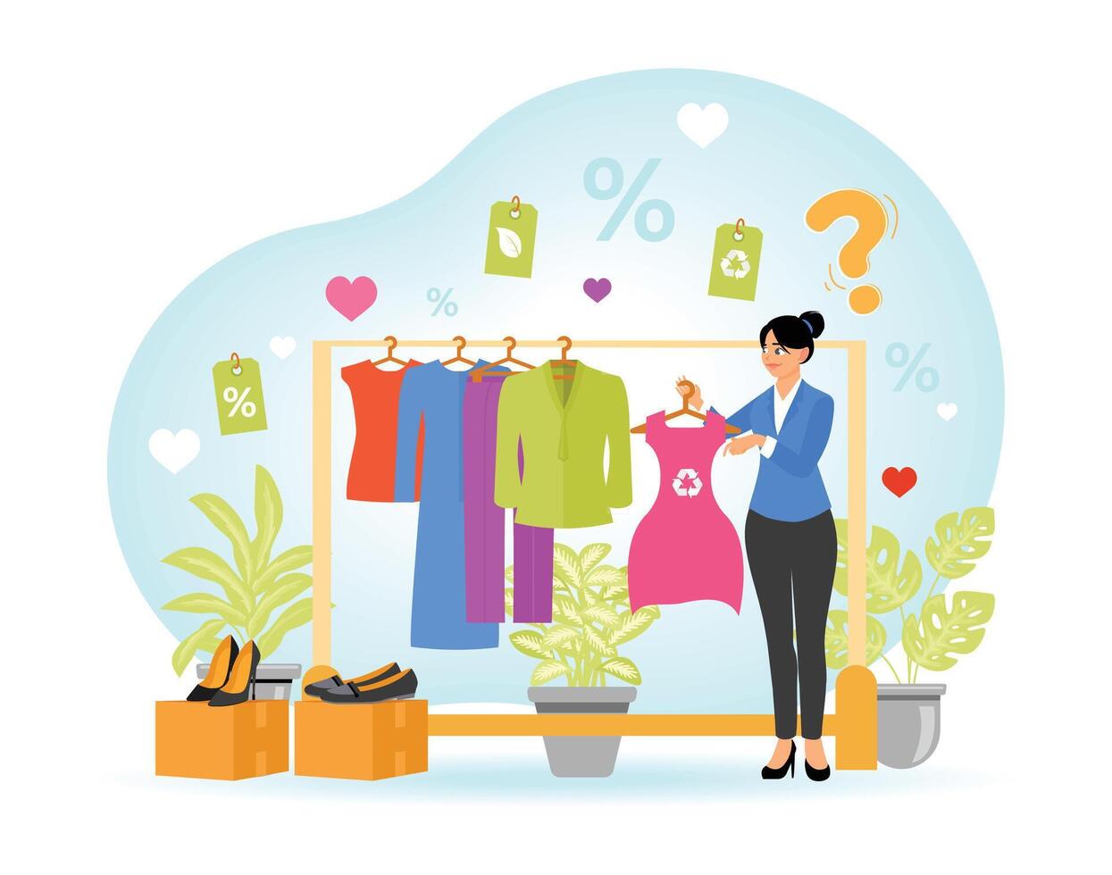 Eco Friendly Fashion. Woman Shopping for Sustainable Clothing with Eco-Friendly Items and Discounts. vector