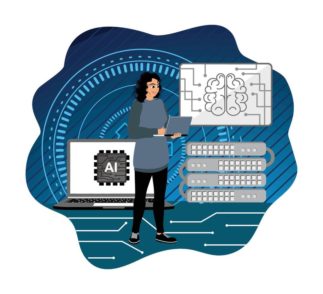 Female engineer working on ai technology and data science projects. vector