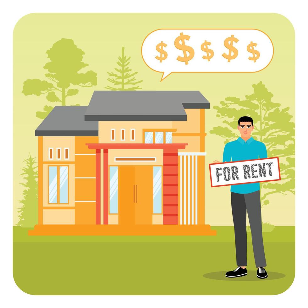 House for Rent. Man Holding For Rent Sign and House with Price Speech Bubble. vector