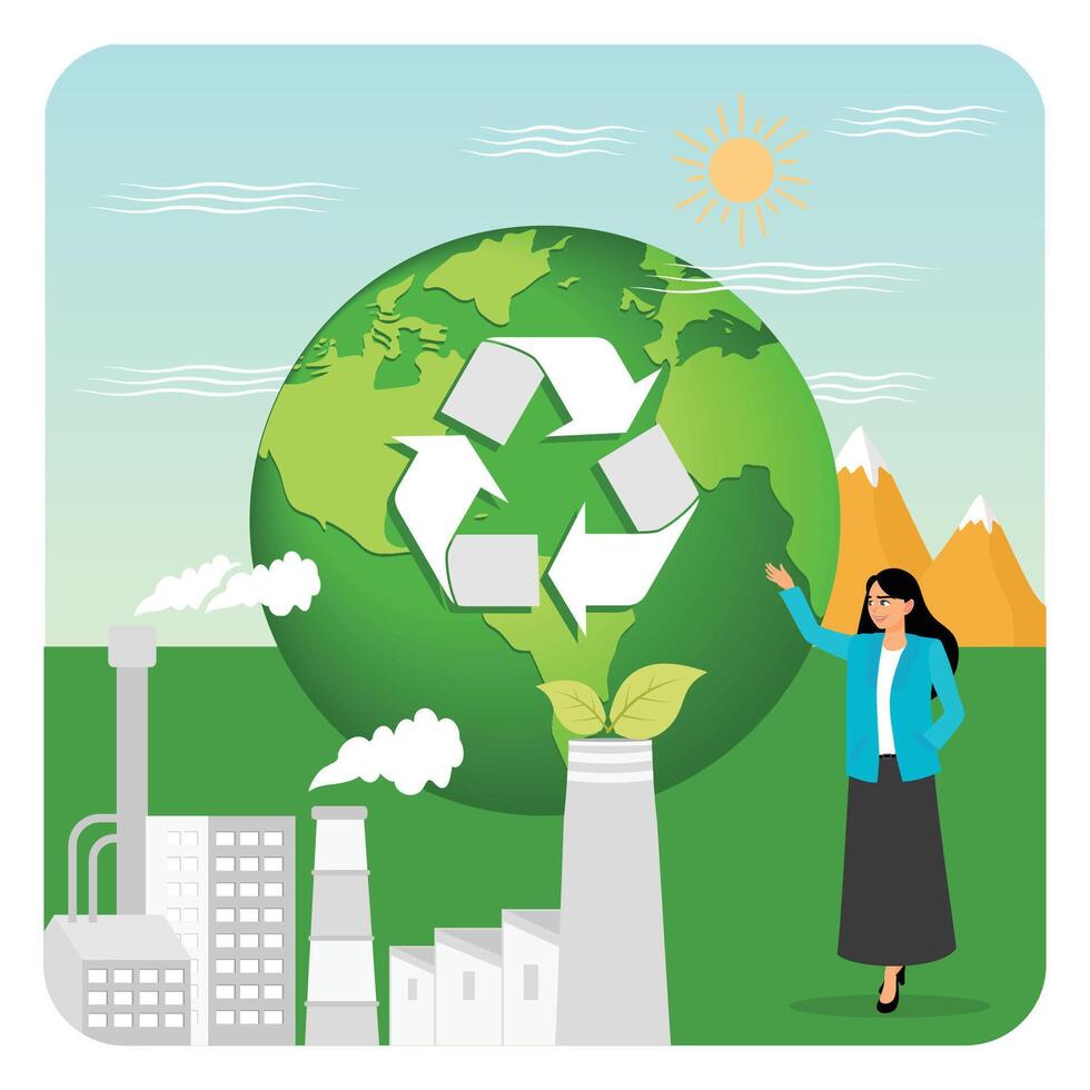 Choosing Renewable Resources. Green Globe with Recycle Arrows and Industrial Sustainability. vector