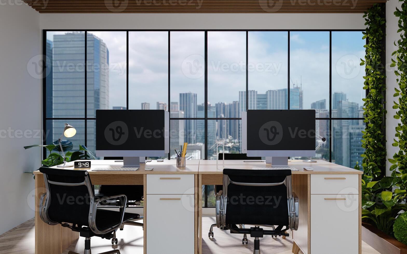 Sustainable workspace featuring greenery and city views. 3D render illustration photo