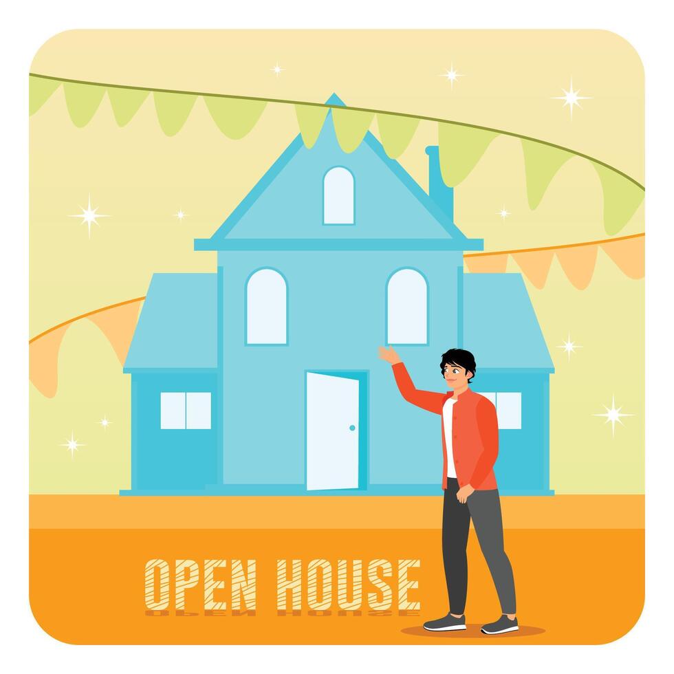 Open House Event and Realtor Welcoming Visitors. vector