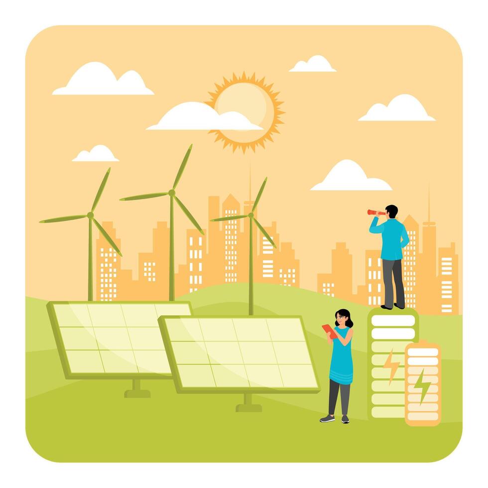 Sustainable Energy Technologies for Communities Featuring Solar Panels and Wind Turbines. vector