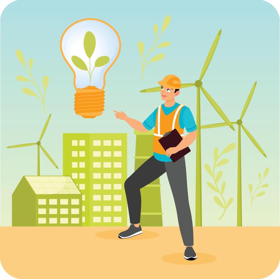 Wind power. Engineer Supervising Renewable Energy With Wind Turbines and Sustainability Icon. vector