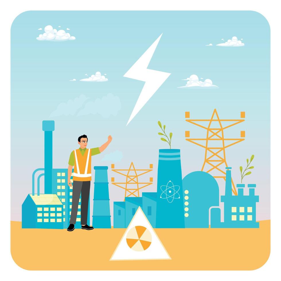 Nuclear Energy. Engineer Supervising a Power Plant with Renewable Energy Elements. vector