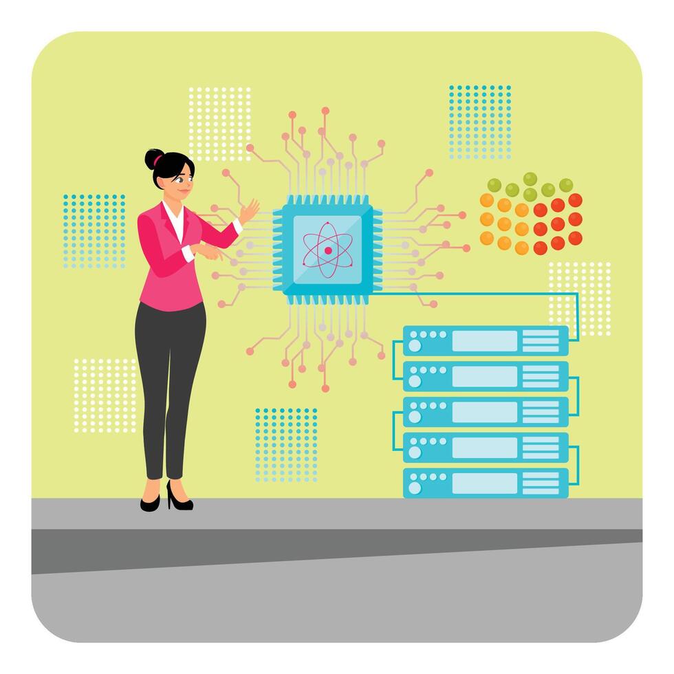 Semiconductor Scientist. Woman Demonstrating Advanced Technology and Quantum Computing vector