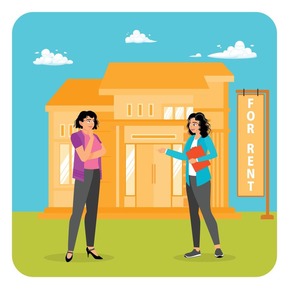 House for Rent. Real Estate Agent Showing Rental Property to Prospective Client. vector