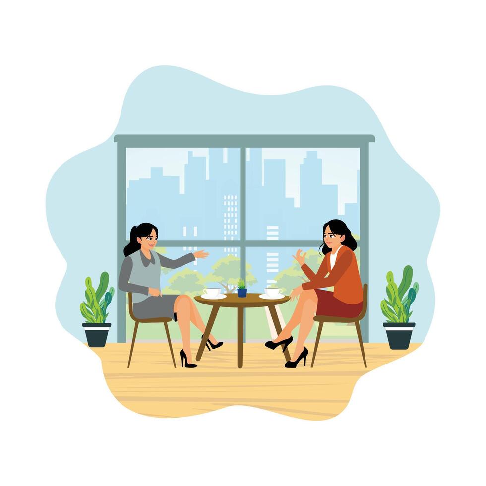 Two young women enjoy their free time in a cafe. vector
