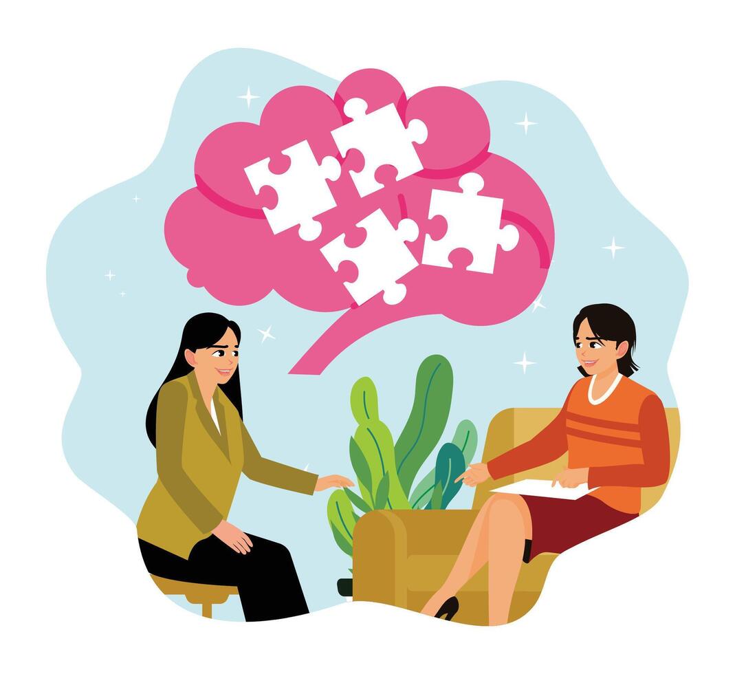 Patient and psychologist counseling therapy session with puzzles and brain. vector