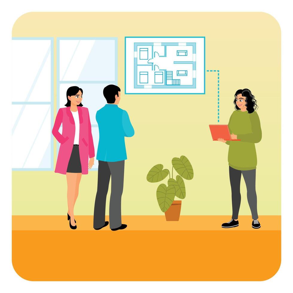Visiting Broker. Couple Meeting Broker in Office. vector