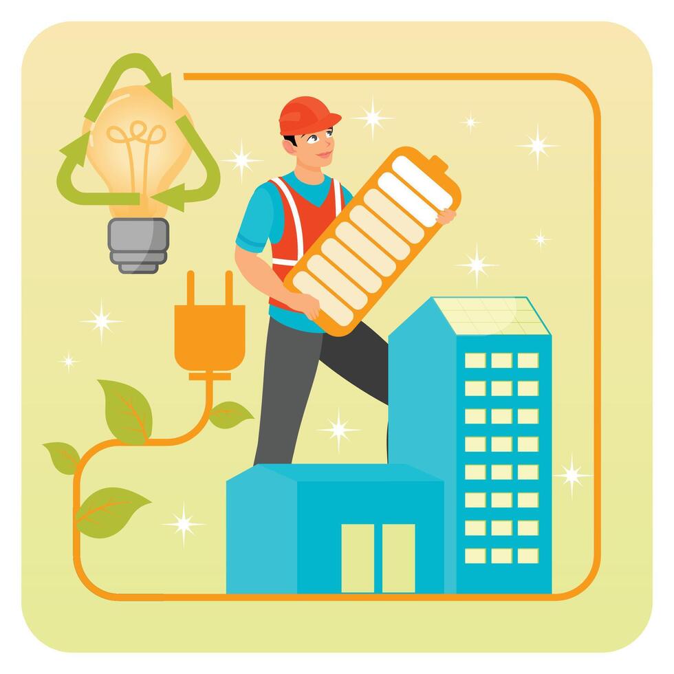 Energy Plus House. Worker Installing Solar Panels With Green Energy Conceptual Representation. vector