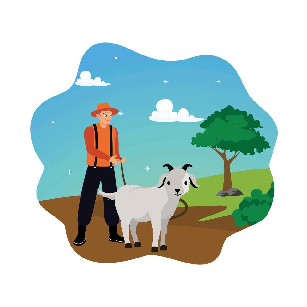 A farmer leads goats in the meadow. vector