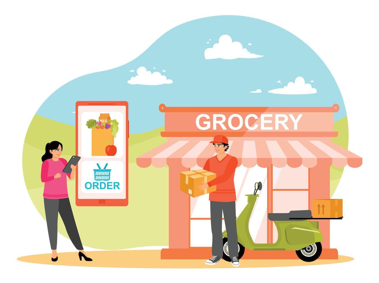 Mobile App to Order Online Grocery Shopping and Courier Delivering Goods Shop by Scooter. vector