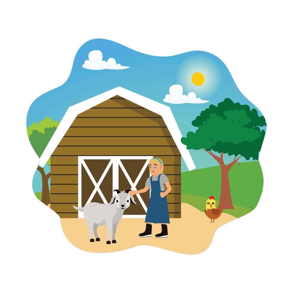 A cute little girl playing with goats and chickens. vector