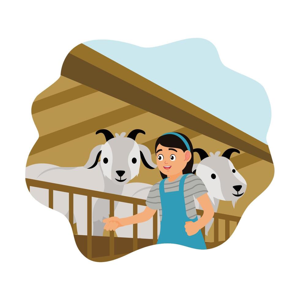 Cute little girl feeding goats in the pen. vector