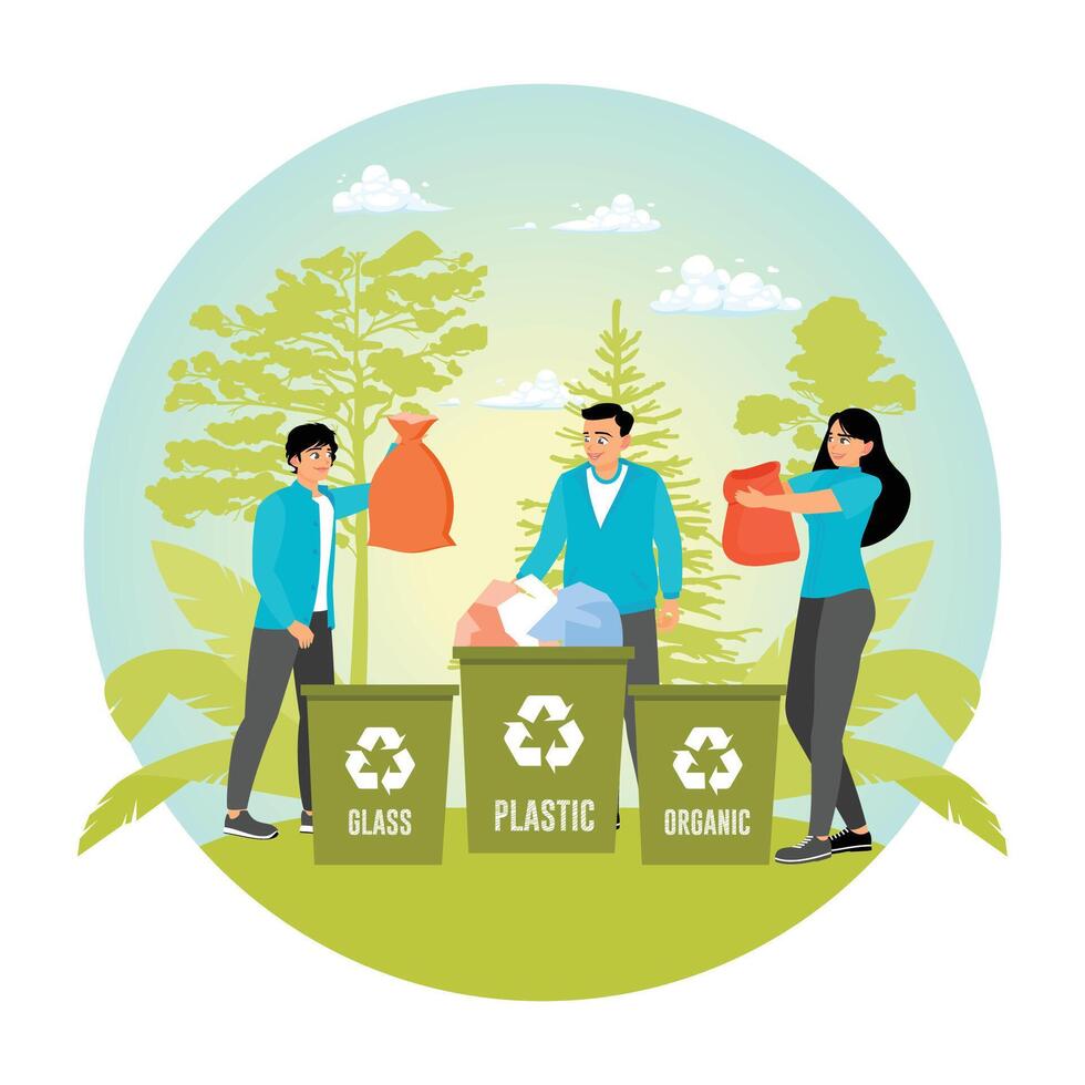 Waste Sorting. Group Sorting Recyclables into Glass, Plastic, and Organic Waste Bins Outdoors. vector