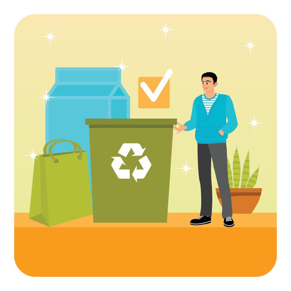 Sustainable Packaging concept. Man Displaying Eco-Friendly Recycling and Sustainability Practices. vector