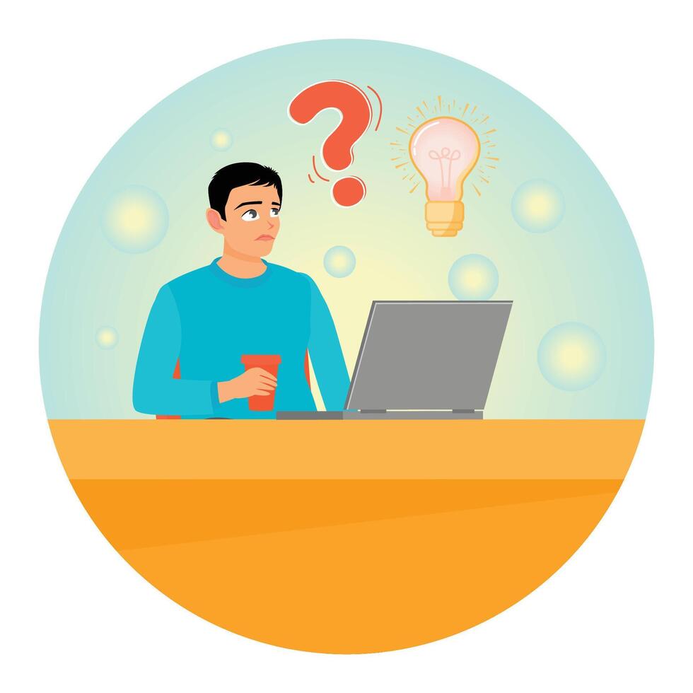 A Thoughtful Man Sitting at a Desk with a Laptop, Pondering Ideas with Question Mark and Lightbulb. vector