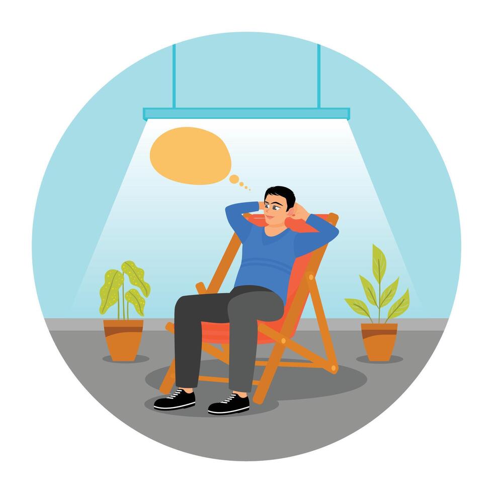 Young Man Relax at Home with Dreamy Thought Bubble. vector