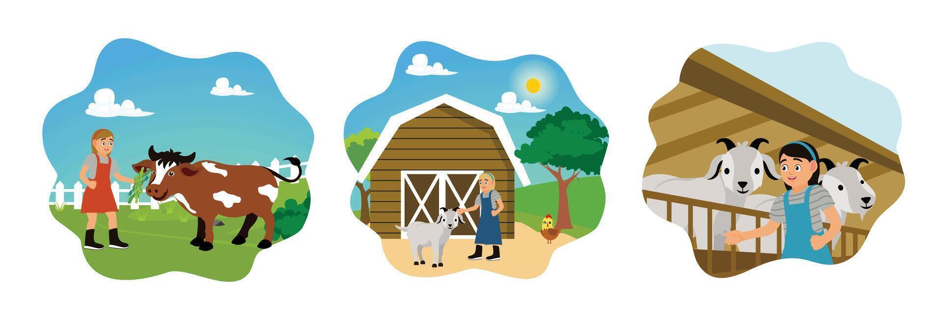 Children on farm with animals vector