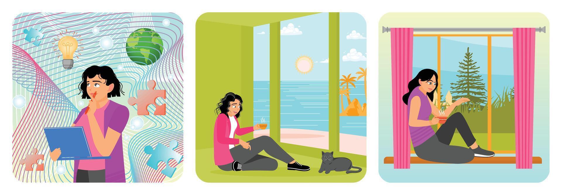 A Thoughtful Woman Engaged in Creative Thinking. Drinking Coffee and Relaxing. Sitting by a Window. vector