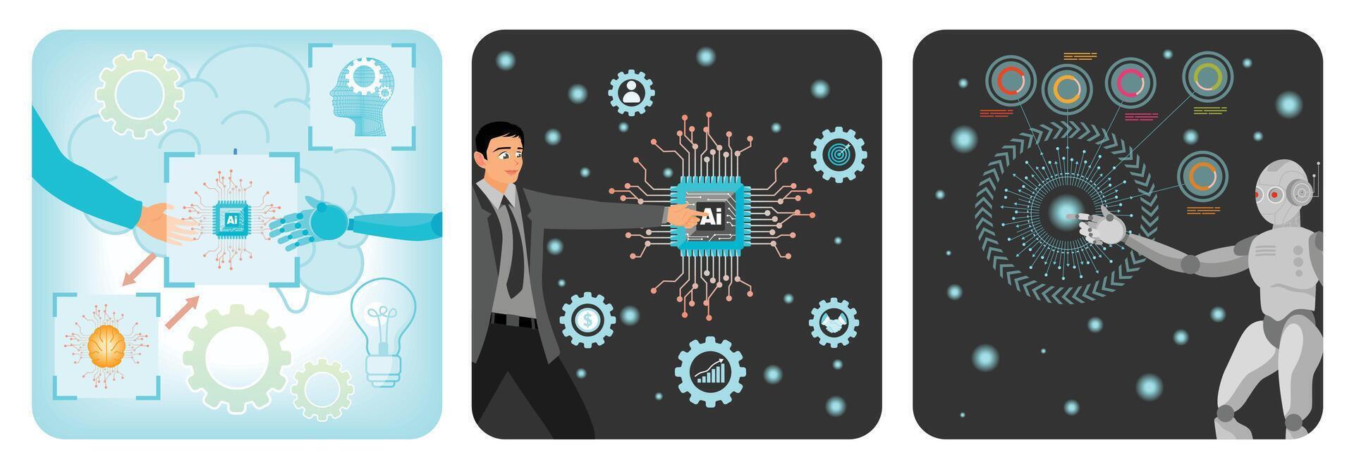 Human and Robotic Collaboration. Utilization of AI in Global Business. Robot Hand Voice Chats. vector