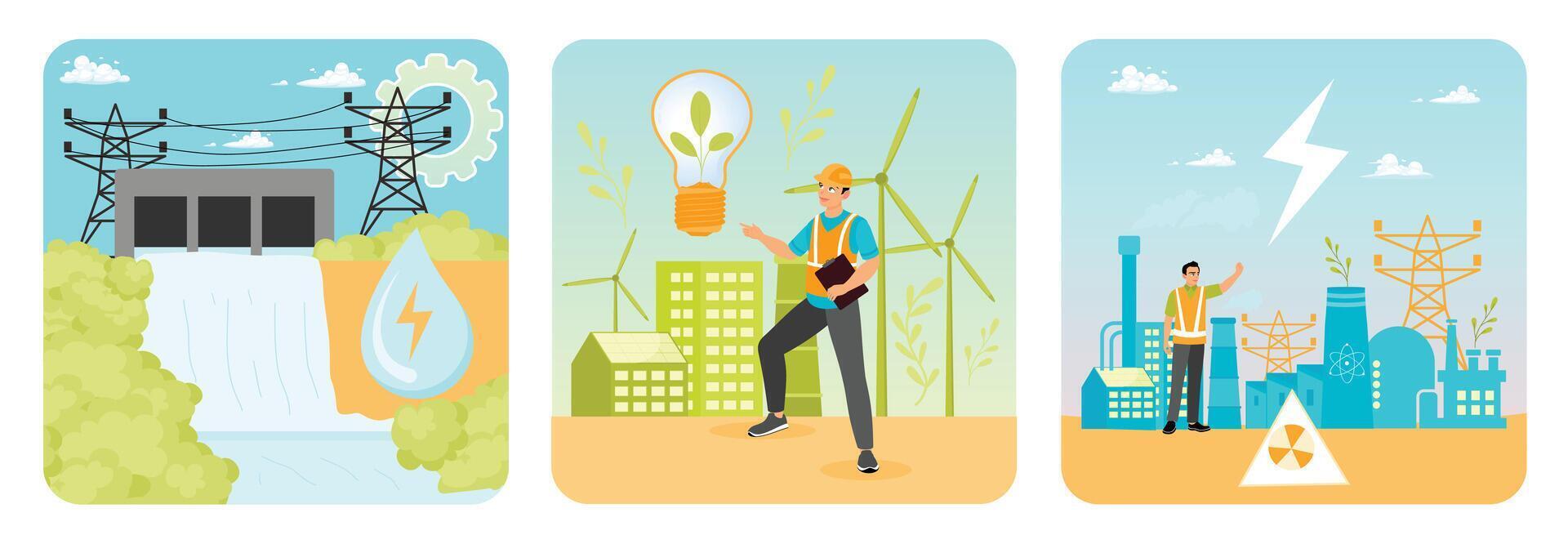 Hydro power. Wind power. Nuclear Energy. vector
