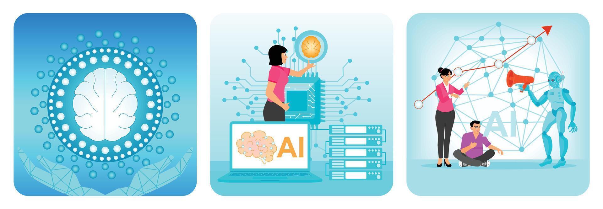 Feed Data to the AI System. Embraces server with AI and Brain. Artificial Intelligence Integration. vector