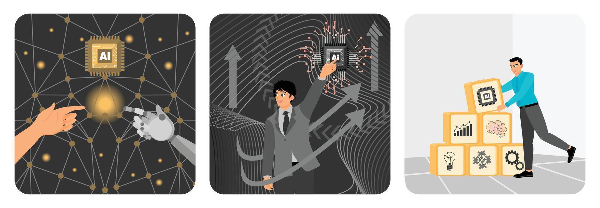 Hands of Robot and Human. Businessman Touching AI. Arranging AI Wood Blocks. vector