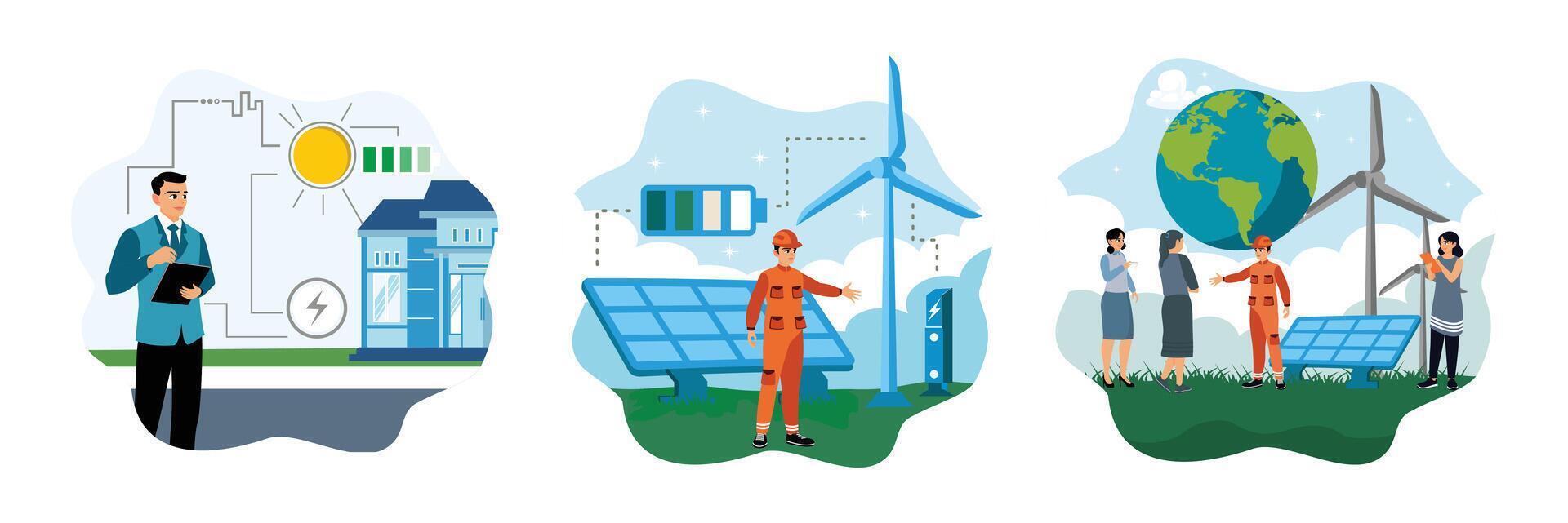 The concept of alternative electricity sources with solar energy, solar panels and windmills. vector