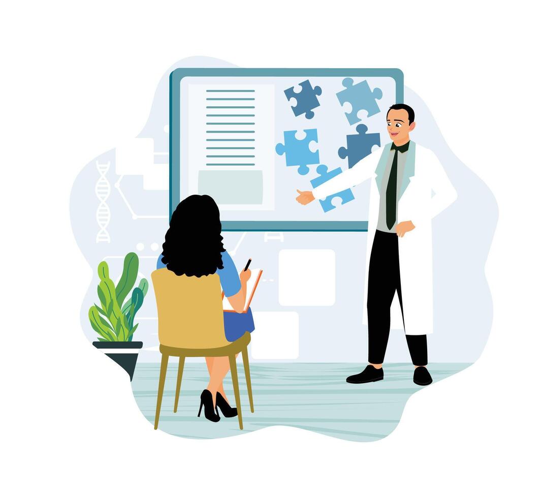 Psychiatrist listens to patient in mental therapy session. vector