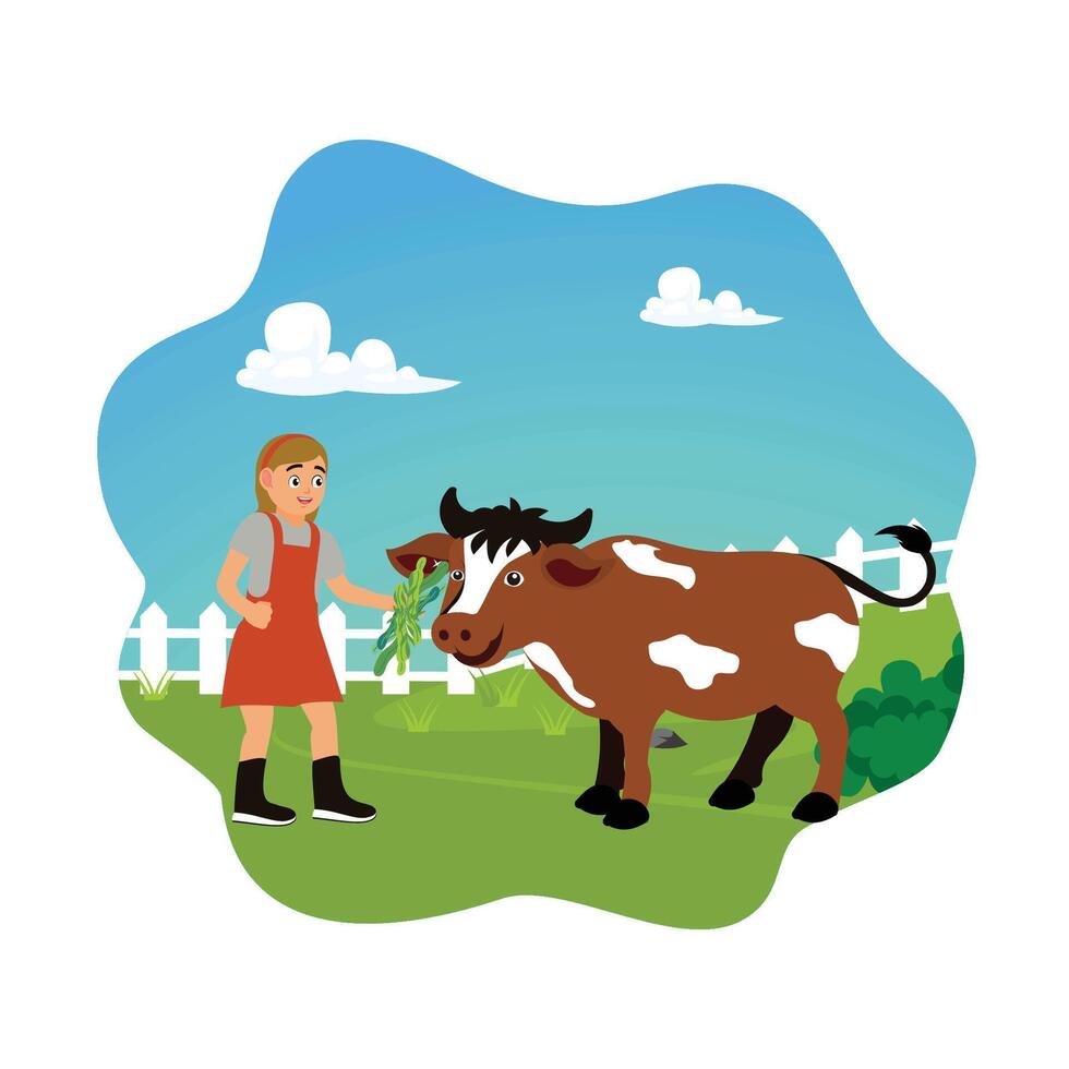 Young farmer feeding cattle on a beautiful sunny countryside farm. vector