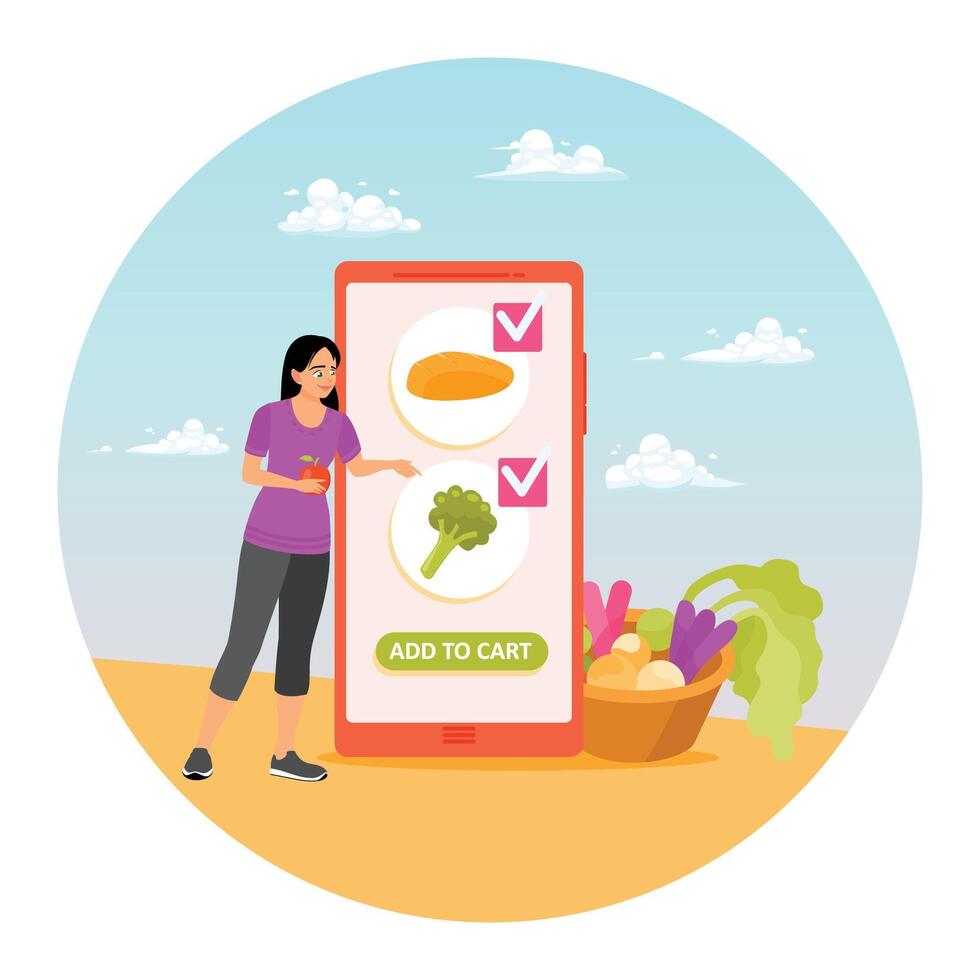 Woman Buys Fresh Organic Vegetables Online Using Smartphone, Adds Them to Shopping Cart. vector