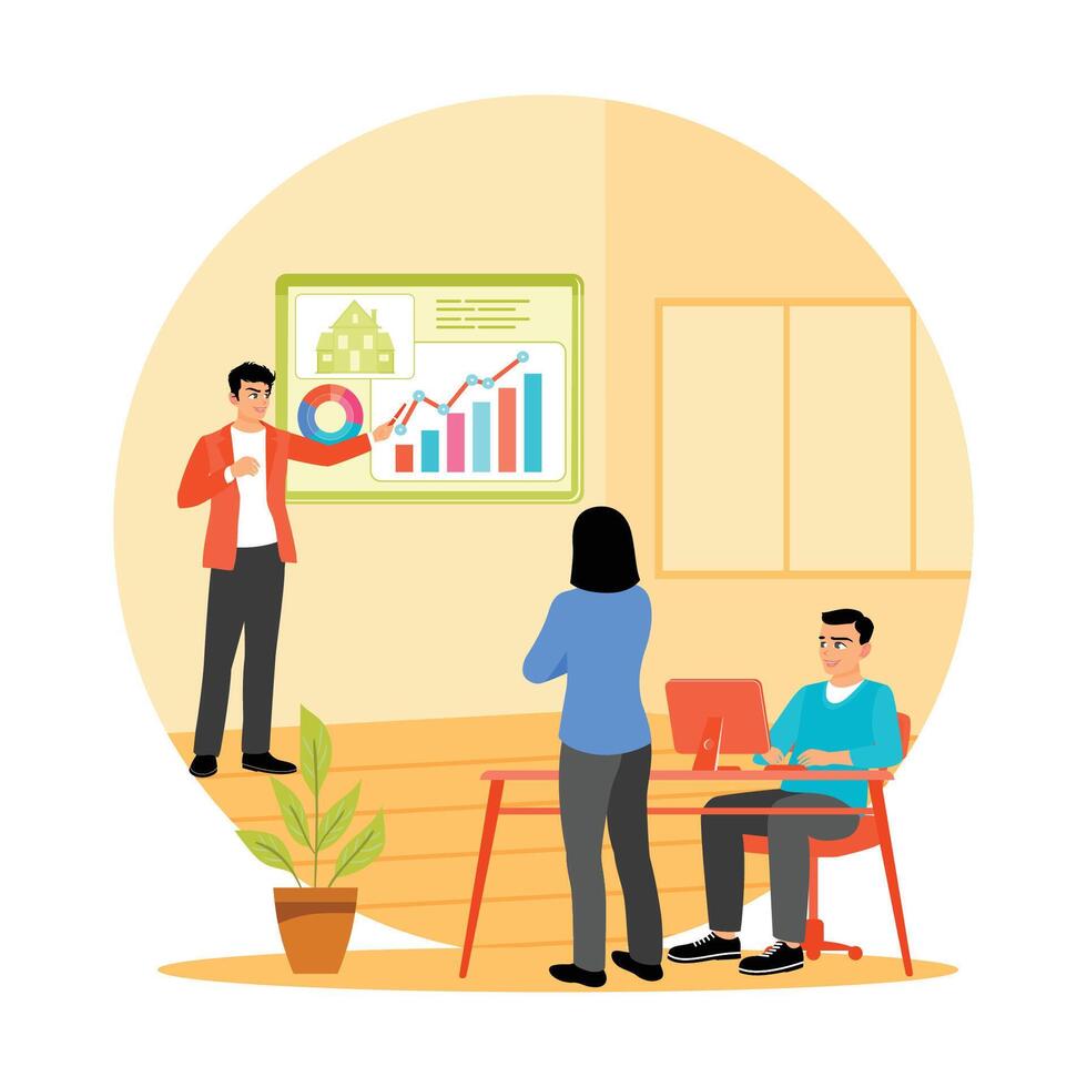 Consulting Clients. Real Estate Agent Explaining Housing Trends to Clients in an Office. vector