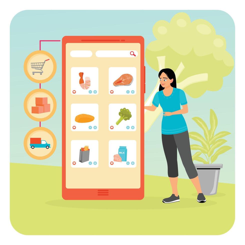 Young Woman Browsing Online Grocery Store on Smartphone. vector