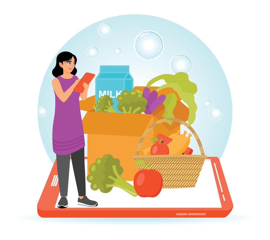 Woman Using Smartphone, Buying Grocery Food Products and Delivery Service. vector