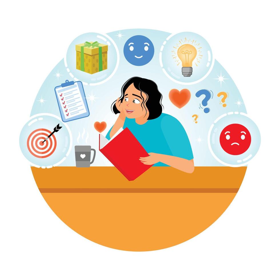 A Thoughtful Woman Making Notes Into Her Diary With Emotional and Motivational Elements Around Her. vector