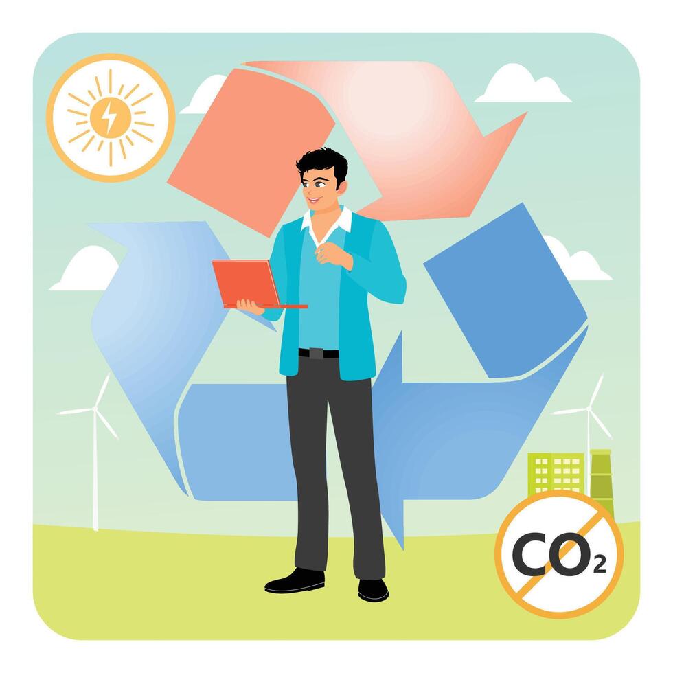 Circular Economy. Man Holding Laptop Promoting Renewable Energy and Sustainable Practices. vector