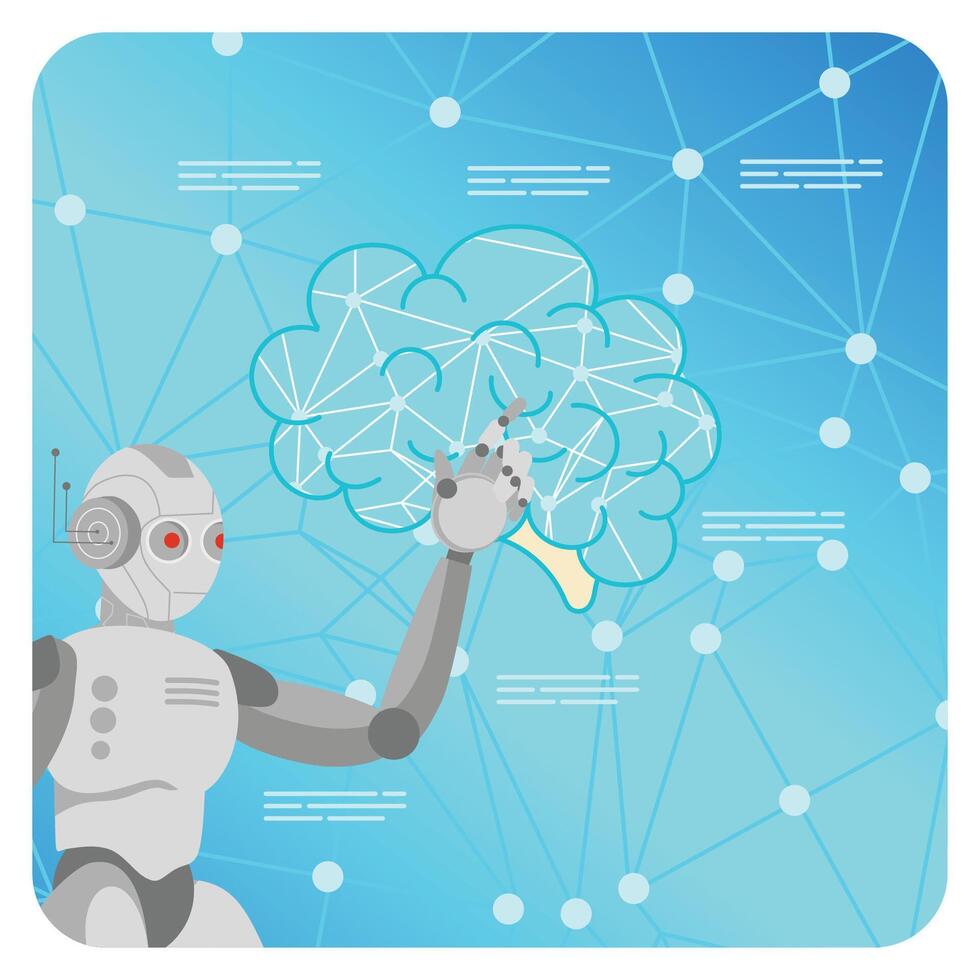 Robot Hand Voice Chats Interacting with Digital Brain Representation. vector