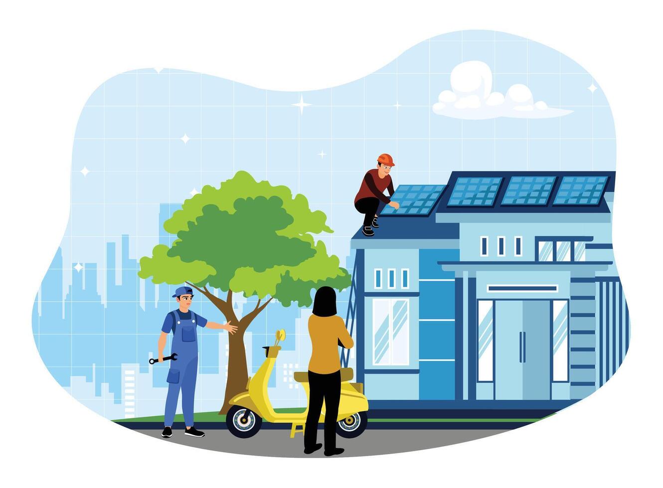 Installation and maintenance of household solar panels for sustainable energy solutions. vector