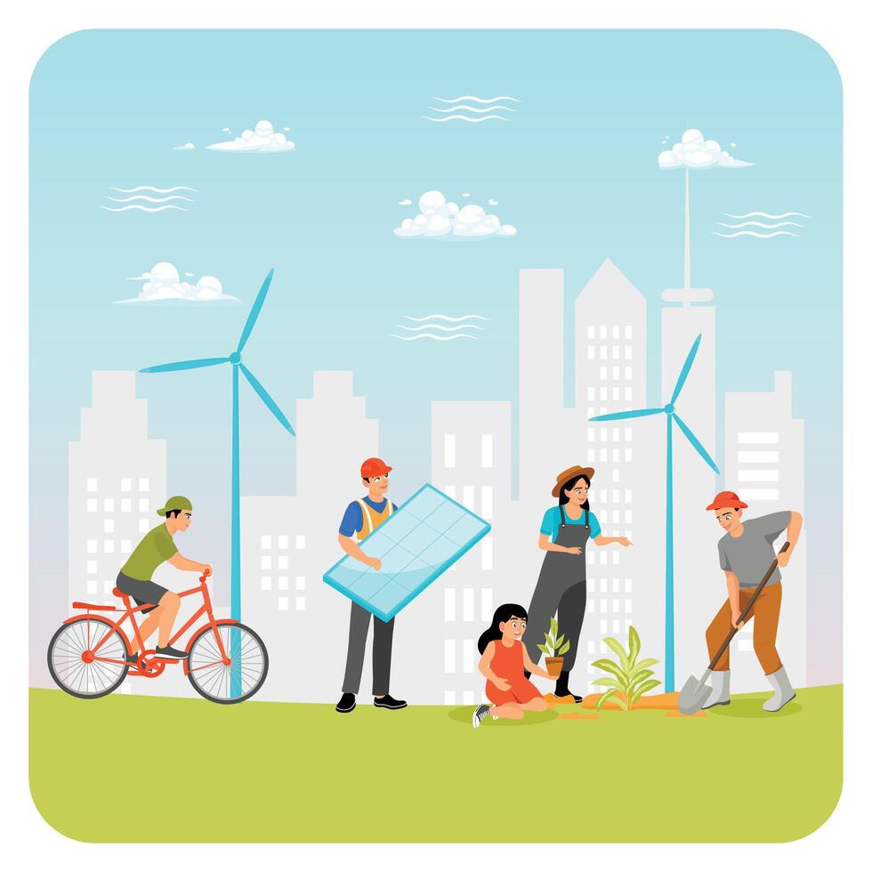 Multiethnic Group Choosing a Sustainable Eco-friendly Lifestyle. vector