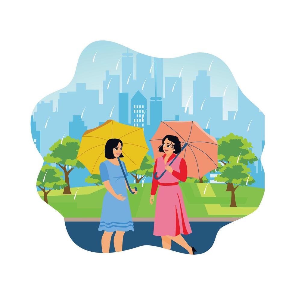 Two female friends walking in the rain using umbrellas. vector