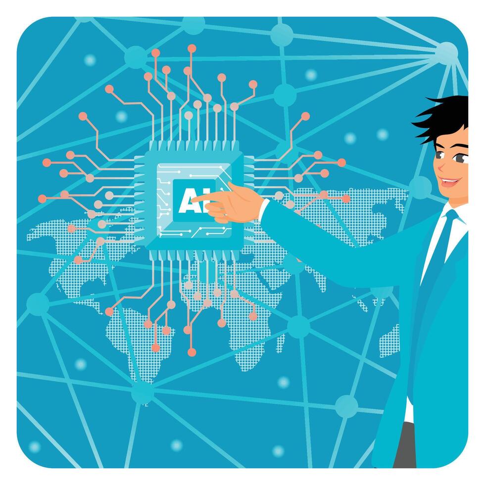 Visionary Points to AI Icon on World Map, Symbolizing Utilization of AI in Global Business. vector