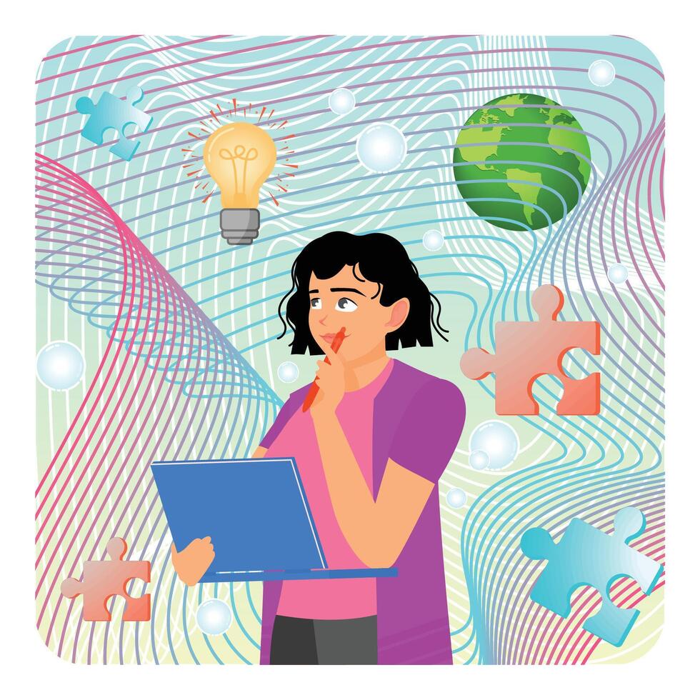 A Thoughtful Woman Hold Laptop Engaged in Creative Thinking. vector