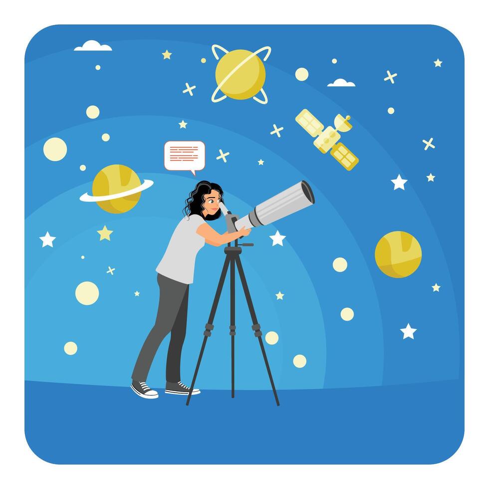 Astronomy. Woman Observing Stars and Planets Through a Telescope. vector